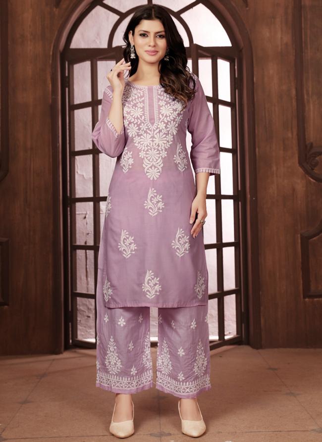 Cotton Light Purple Casual Wear Chikankari Embroidery Readymade Kurti With Plazzo